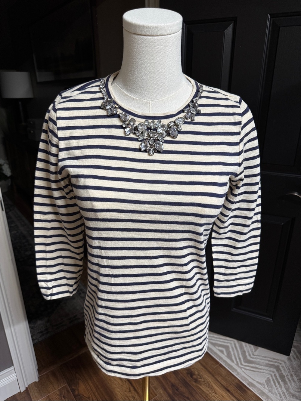 {J. Crew} Cream Navy Striped Rhinestone Statement Necklace Long Sleeve Top WSH38